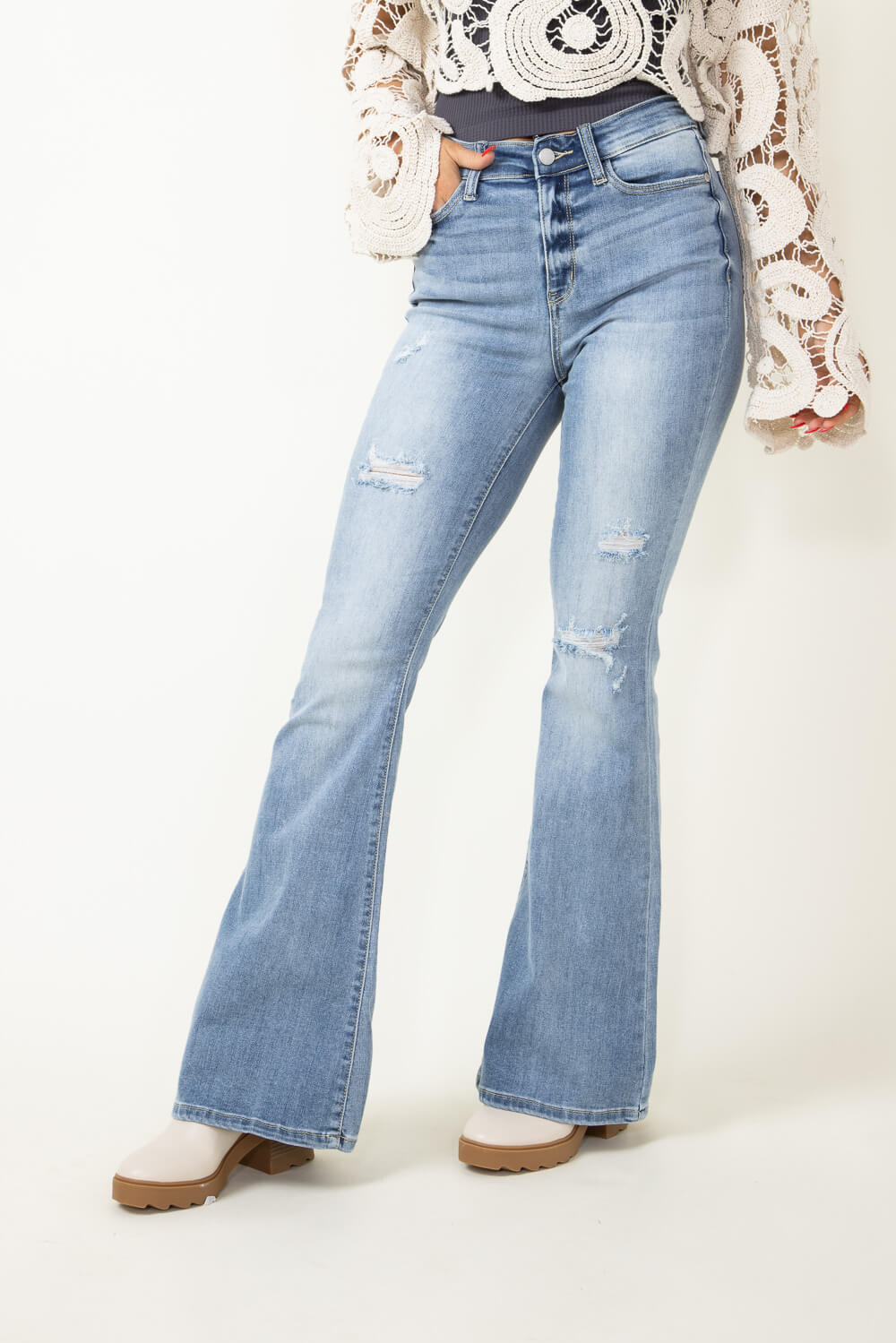 Vintage Denim High Flare Jeans For Women Middle Waist, Distressed