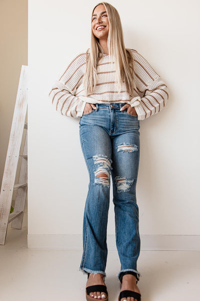 Judy Blue Women's High-Waisted Bootcut Jeans - Vintage Wash, Frayed Hem, Soft & Stretchy Denim, 32.5" Inseam