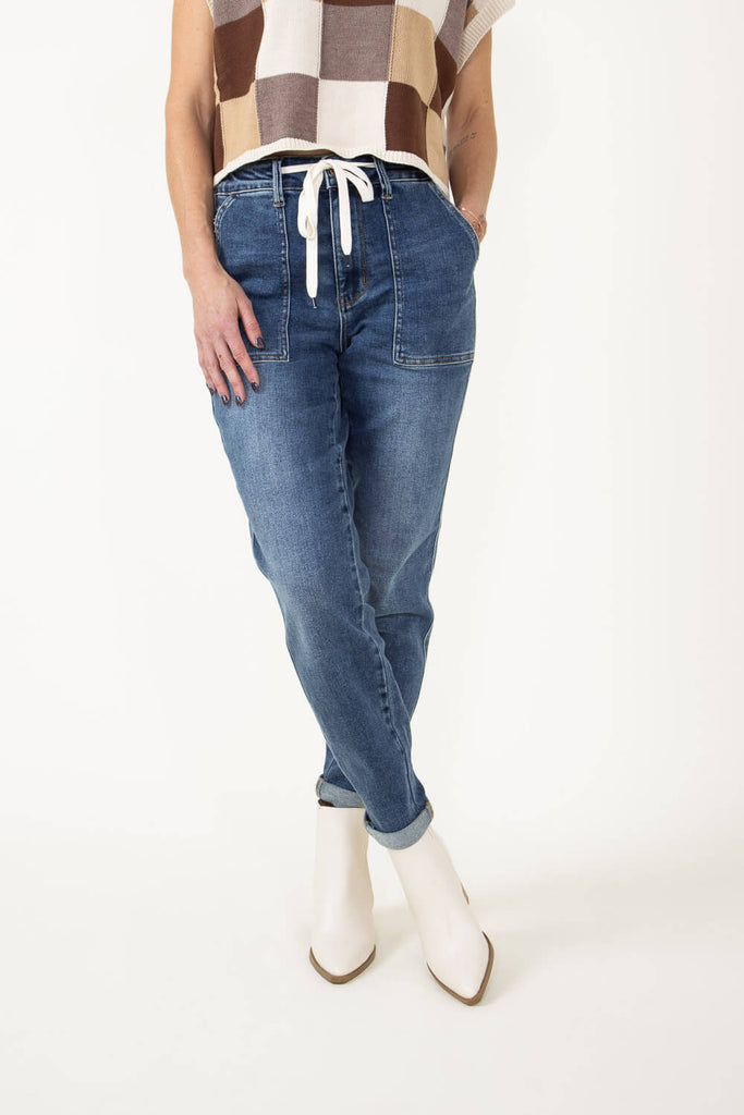 Judy Blue High Rise Elastic Drawstring Cuffed Denim Jogger for Women