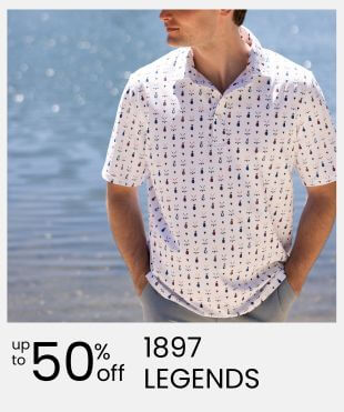 A man wearing a white short-sleeve button-up shirt with a small repeating dark pattern, standing outdoors near water. The image includes a promotional text banner at the bottom that reads 'up to 50% off 1897 LEGENDS'.
