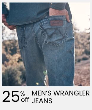 A cropped photo of a person wearing blue Wrangler jeans, showing the back pocket with a brown leather patch and the hand in the pocket. The image includes a large text banner at the bottom reading '25% off Men's Wrangler Jeans'.