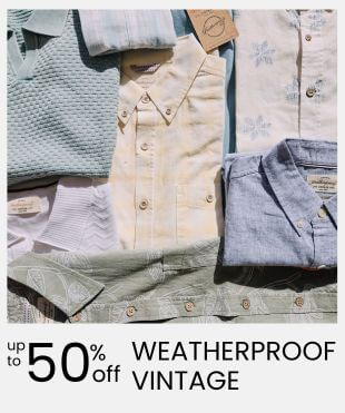 A flat lay of folded vintage clothing in soft neutral and pastel tones, including a cream shirt, light blue textured top, pale floral shirt, and muted green shirt, with text at the bottom reading 'up to 50% off WEATHERPROOF VINTAGE'.