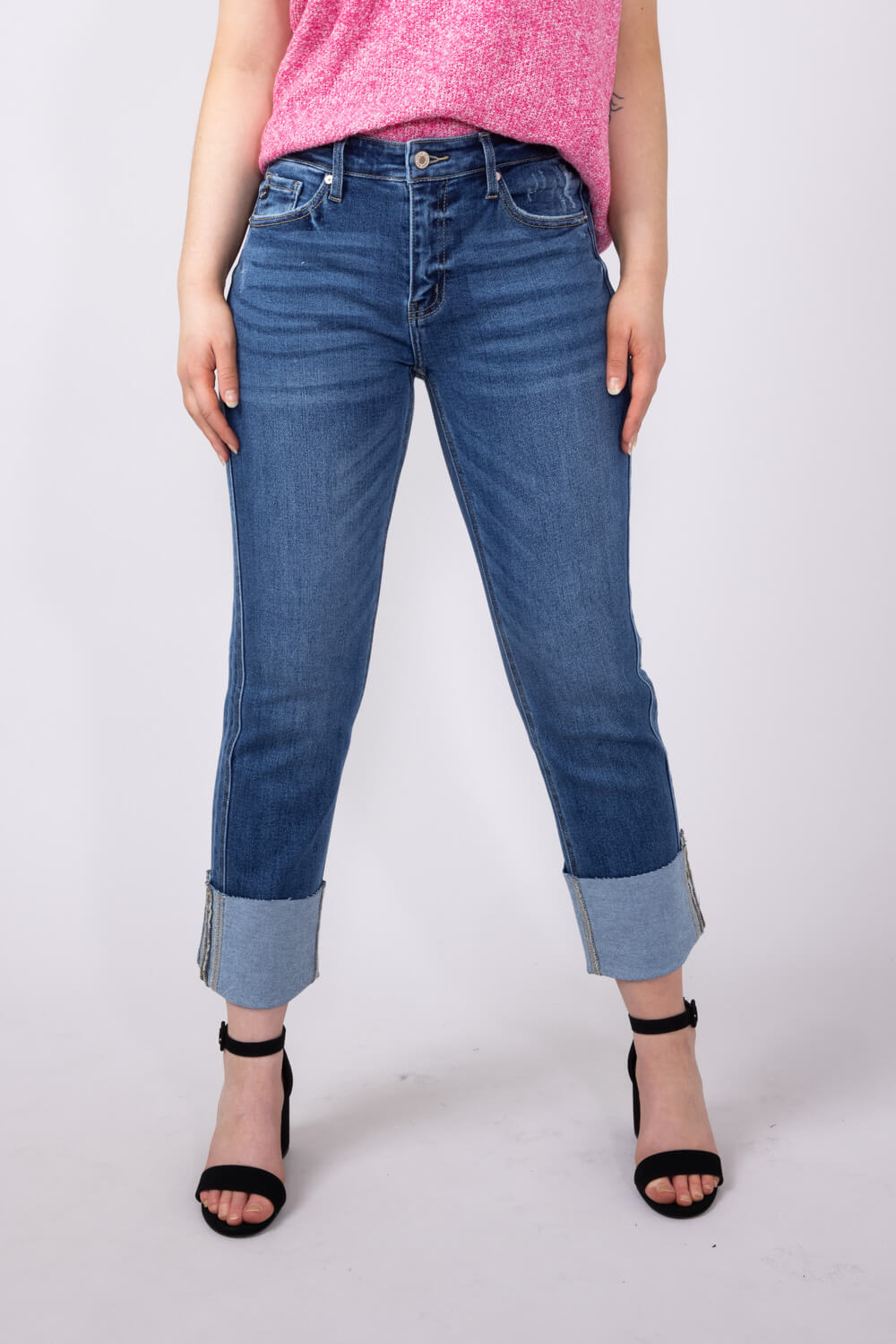 KanCan Mid Rise Cuffed Straight Jeans for Women