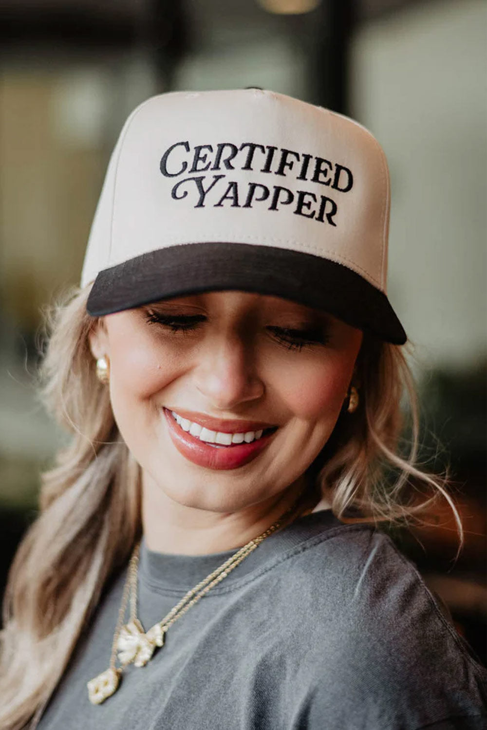 Certified Yapper Trucker Hat for Women in Black/Tan | KDC-BC Certified Yapper Trucker Hat for Women in Black/Tan | KDC-BC