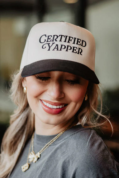 Certified Yapper Trucker Hat for Women in Black/Tan
