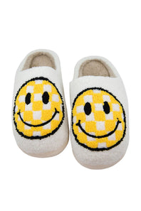 Yellow Checker Smiley Face Slippers for Women in White
