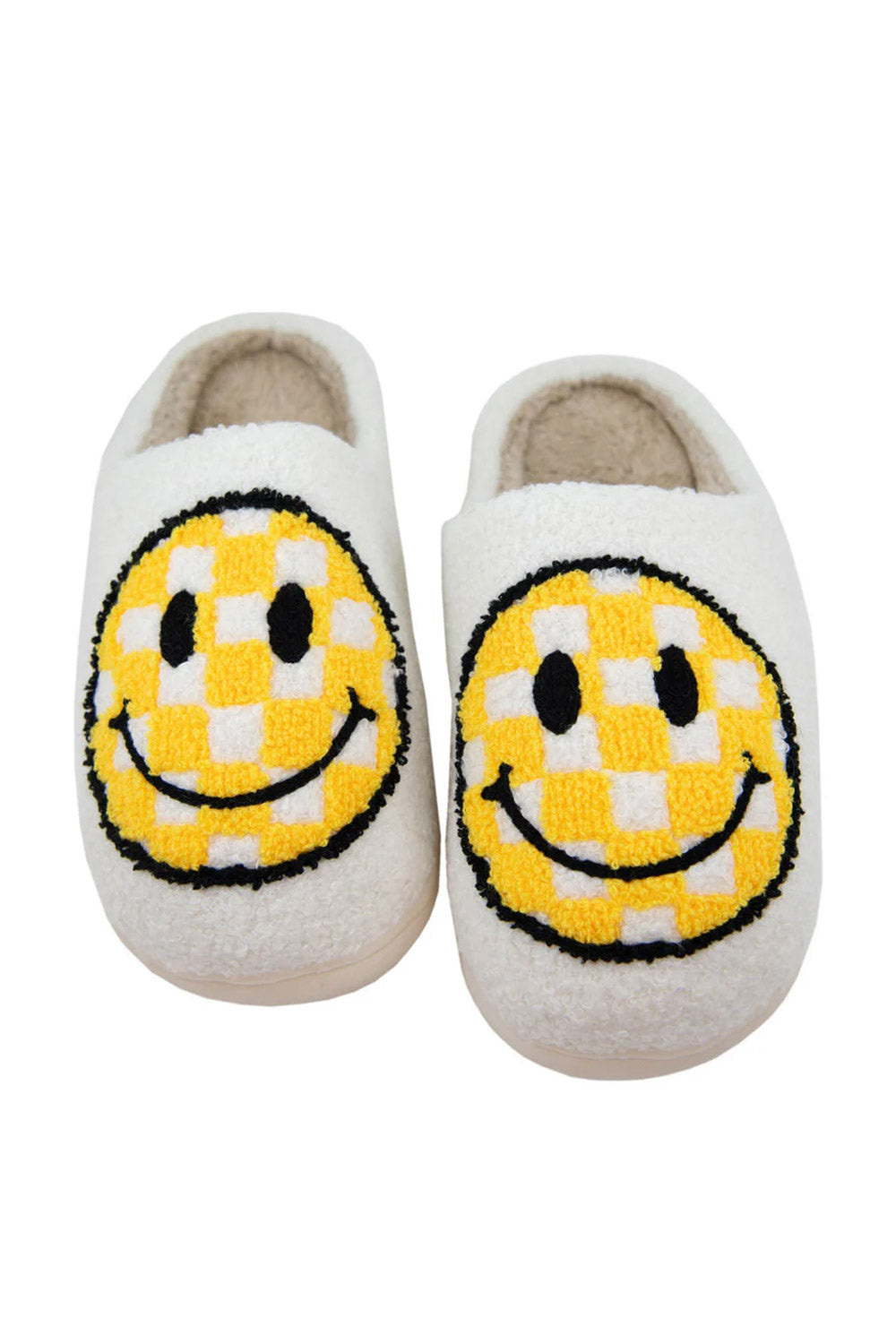 Yellow Checker Smiley Face Slippers for Women in White
