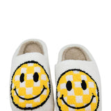 Yellow Checker Smiley Face Slippers for Women in White