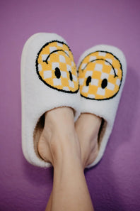 Yellow Checker Smiley Face Slippers for Women in White
