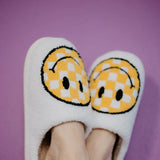 Yellow Checker Smiley Face Slippers for Women in White