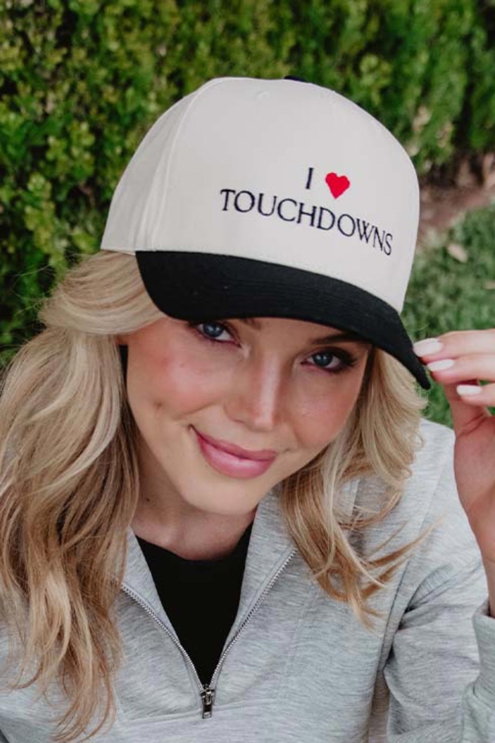 I Heart Touchdowns Trucker Hat for Women in Black/Tan