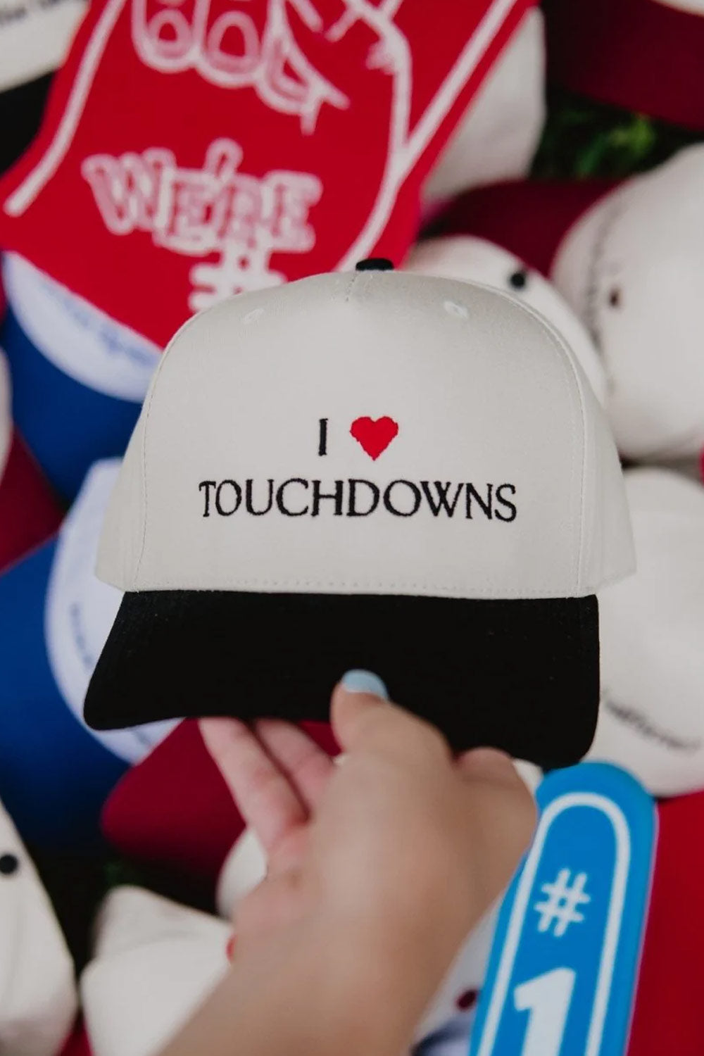 I Heart Touchdowns Trucker Hat for Women in Black/Tan