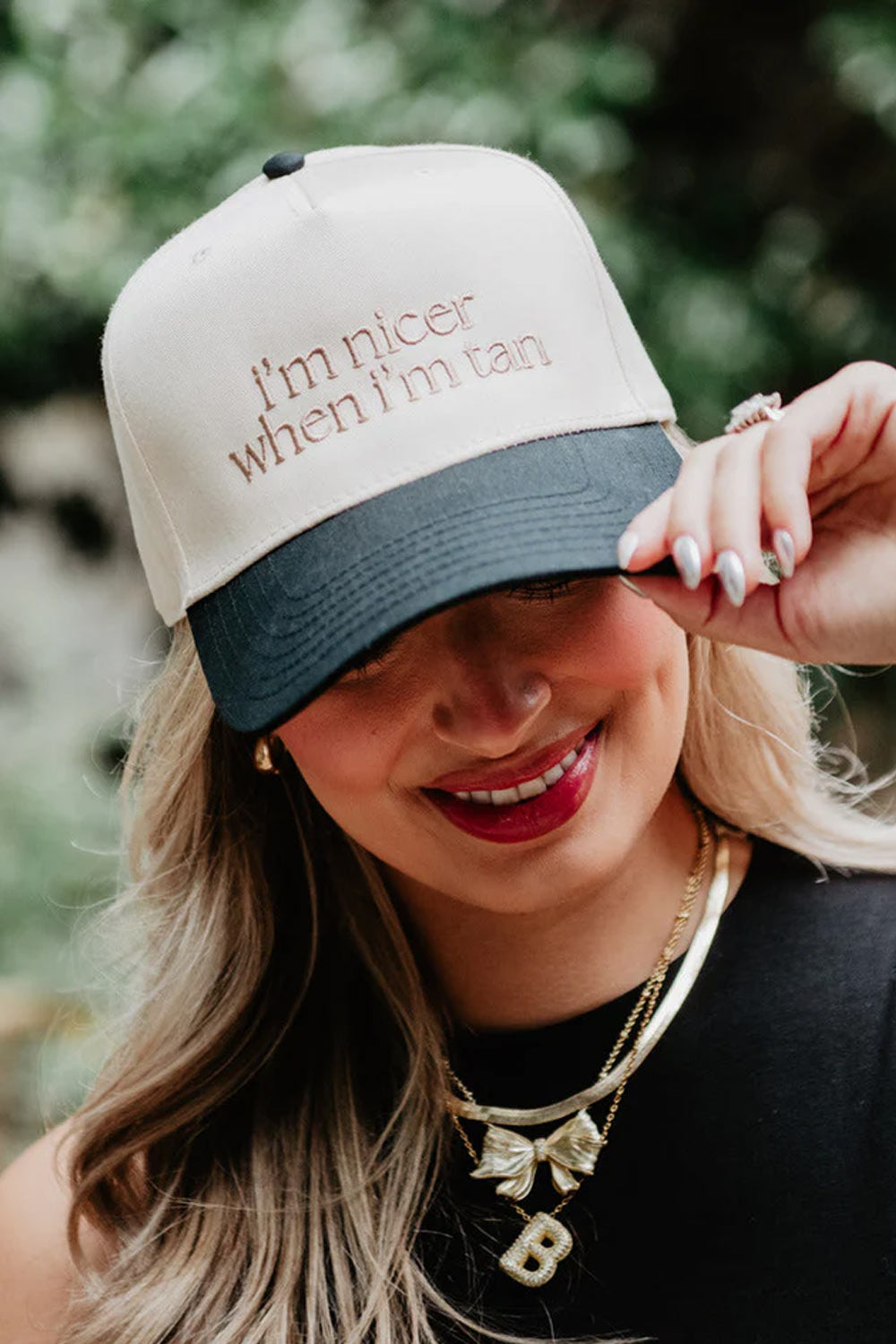 I’m Nicer When I’m Tan Trucker Hat for Women in Black/Tan