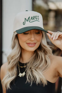 Margs Trucker Hat for Women in Dark Green/Tan