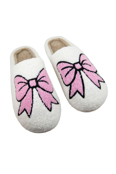 Pink Bow Slippers for Women in White