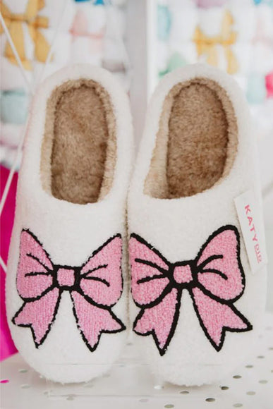 Pink Bow Slippers for Women in White