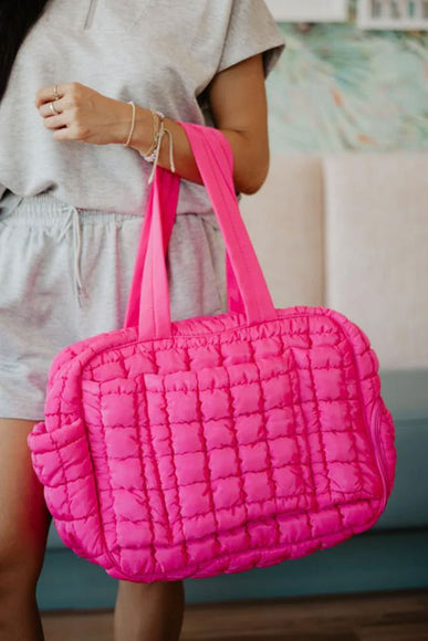 Quilted Puffer Weekender Bubble Bag for Women in Hot Pink