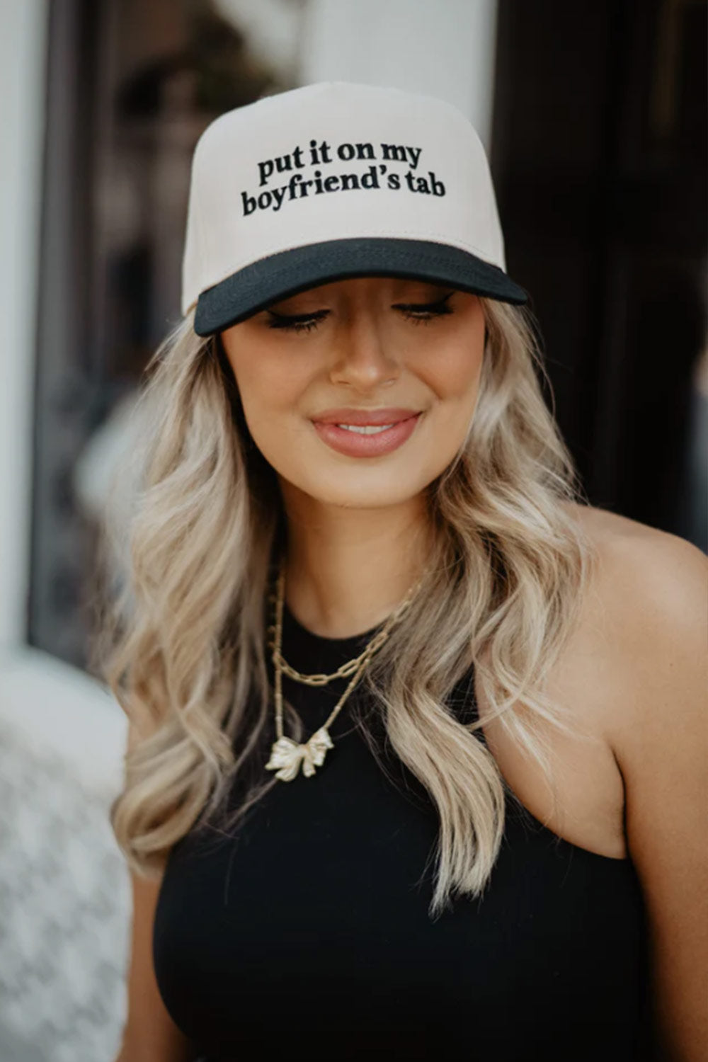 Put It On My Boyfriend’s Tab Trucker Hat for Women in Black/Tan