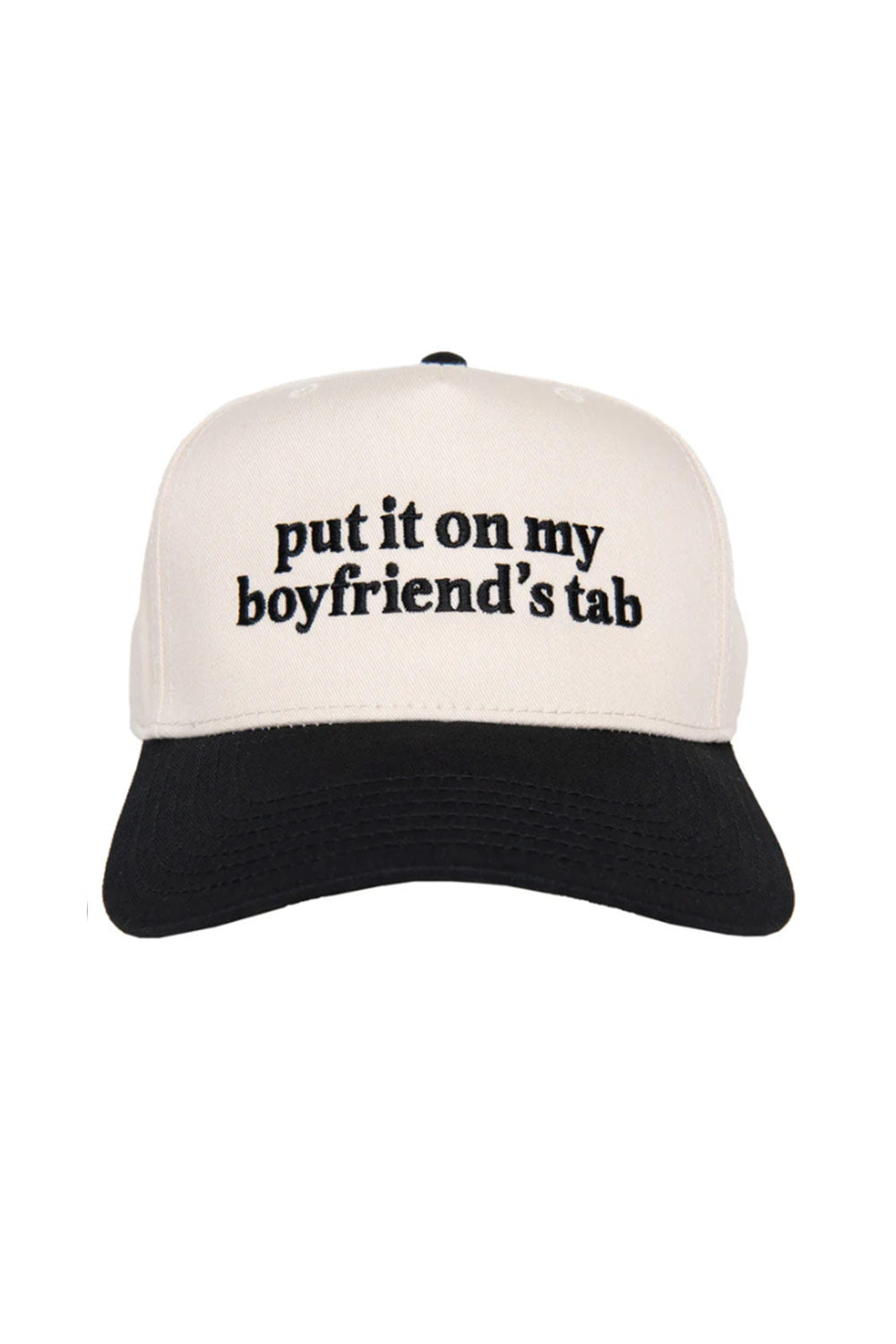 Put It On My Boyfriend’s Tab Trucker Hat for Women in Black/Tan