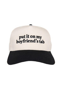 Put It On My Boyfriend’s Tab Trucker Hat for Women in Black/Tan