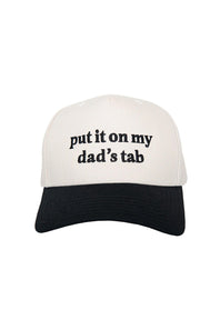 Put It On My Dad’s Tab Trucker Hat for Women in Black/Tan