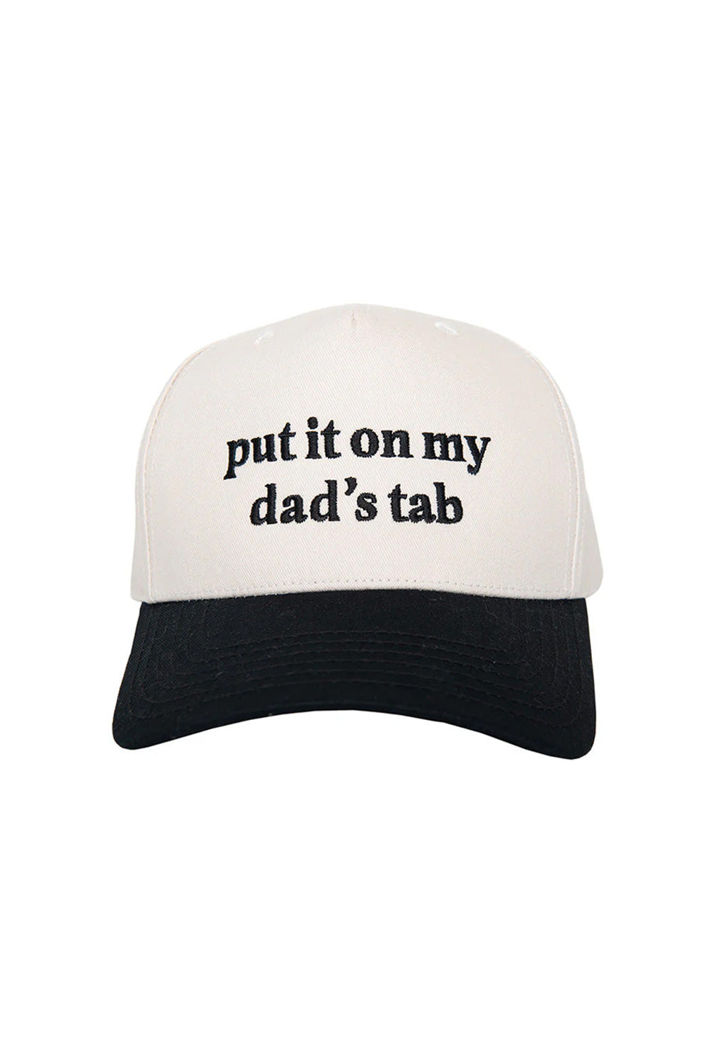 Put It On My Dad’s Tab Trucker Hat for Women in Black/Tan