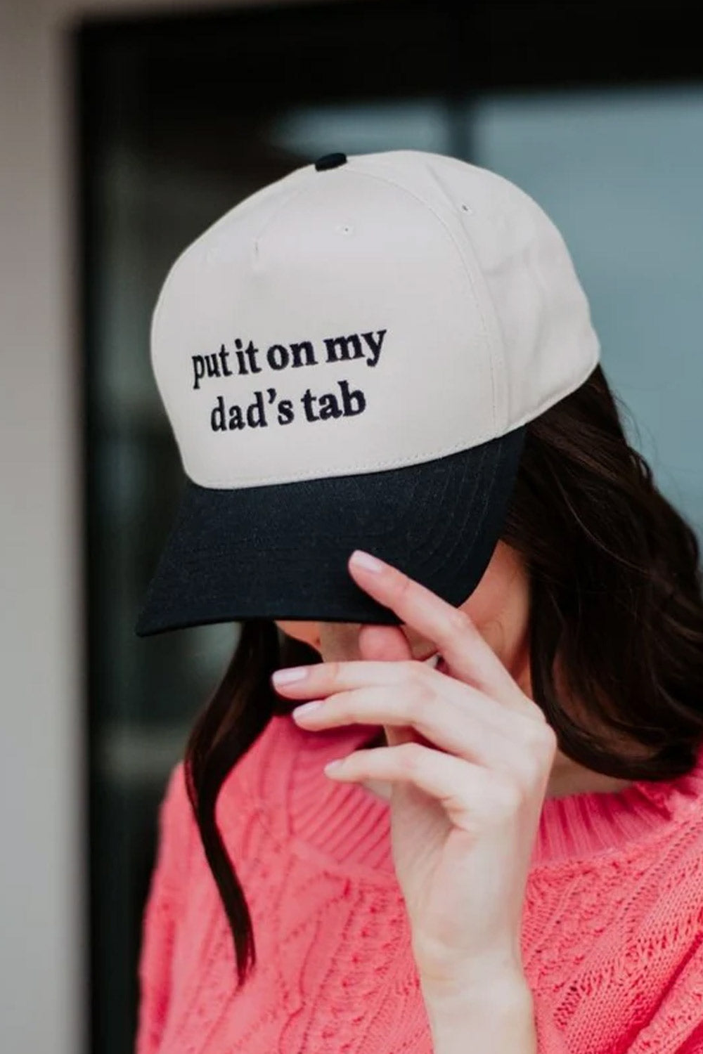 Put It On My Dad’s Tab Trucker Hat for Women in Black/Tan