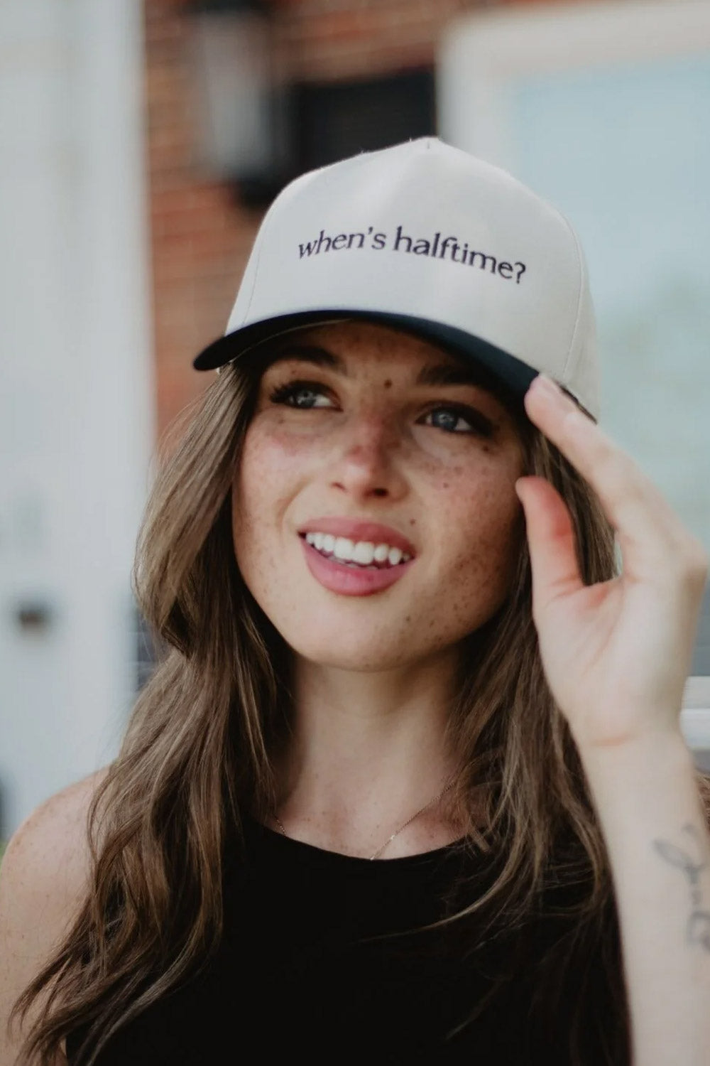 When’s Halftime Trucker Hat for Women in Black/Tan