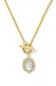 A gold chain necklace with a toggle clasp and a teardrop-shaped pendant featuring a white marbled center stone surrounded by small clear stones, shown on a white background.