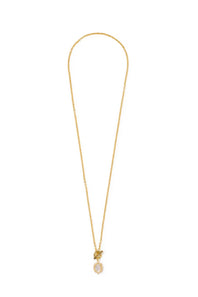A delicate gold chain necklace with a small gold leaf pendant and a round white pearl accent, displayed on a clean white background.