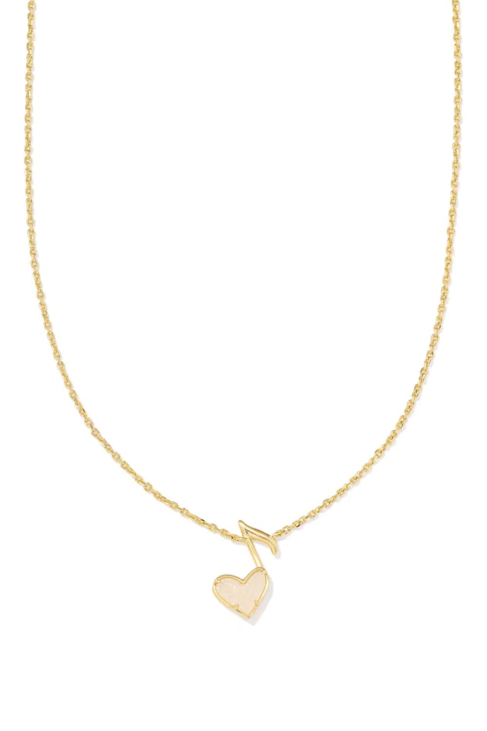 A delicate gold chain necklace featuring a small gold heart pendant with a textured, glittery gold outline and a gold musical note charm above it, set against a plain white background.
