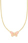 A delicate gold chain necklace featuring a butterfly pendant with light pink enamel wings and a gold border, set against a plain white background.