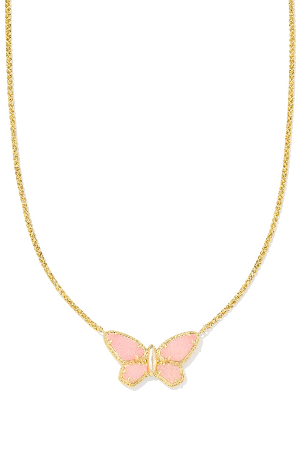 A delicate gold chain necklace featuring a butterfly pendant with light pink enamel wings and a gold border, set against a plain white background.