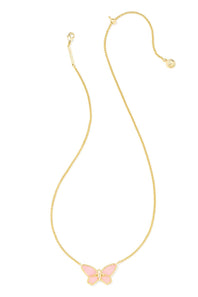 A delicate gold chain necklace featuring a small butterfly pendant with light pink enamel wings, displayed on a clean white background.