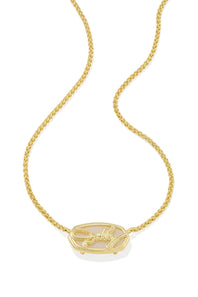 A gold chain necklace featuring a small oval pendant with a gold rope-style border and a pale pink inlay, displayed on a clean white background.