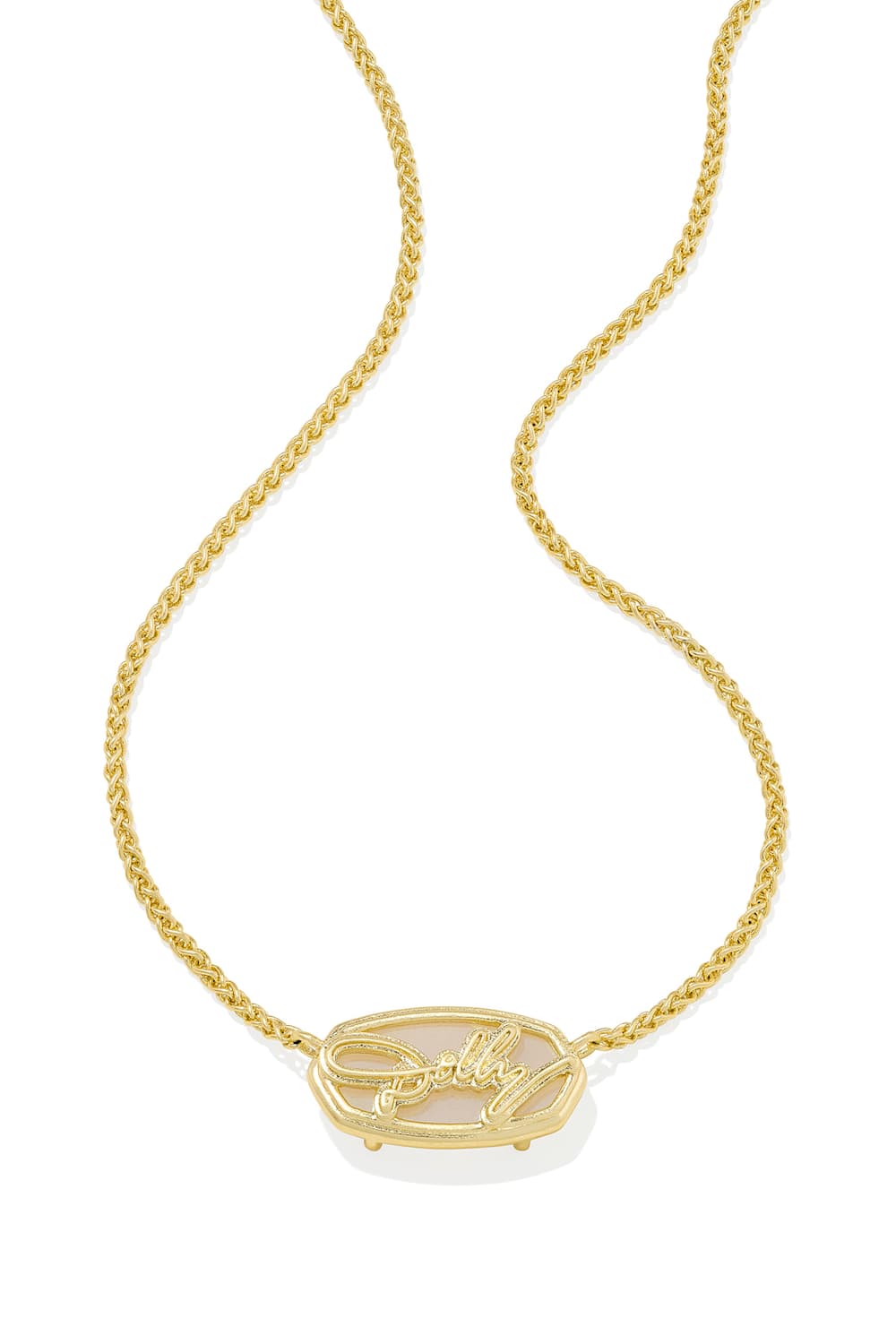 A gold chain necklace featuring a small oval pendant with a gold rope-style border and a pale pink inlay, displayed on a clean white background.