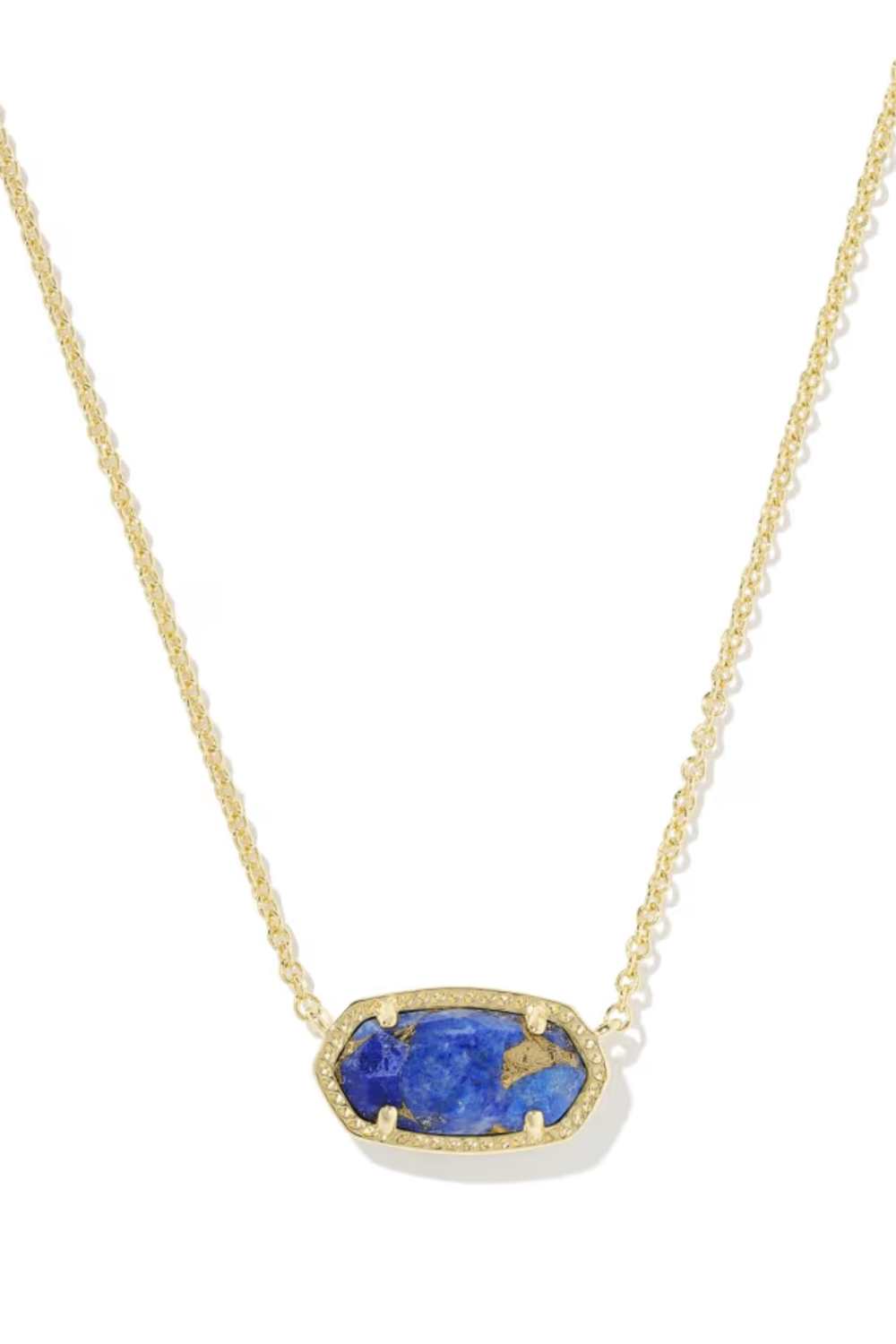 A gold chain necklace featuring an oval-shaped blue lapis lazuli stone pendant with a gold border, set against a plain white background.