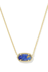 A gold chain necklace featuring an oval-shaped blue lapis lazuli stone pendant with a gold border, set against a plain white background.