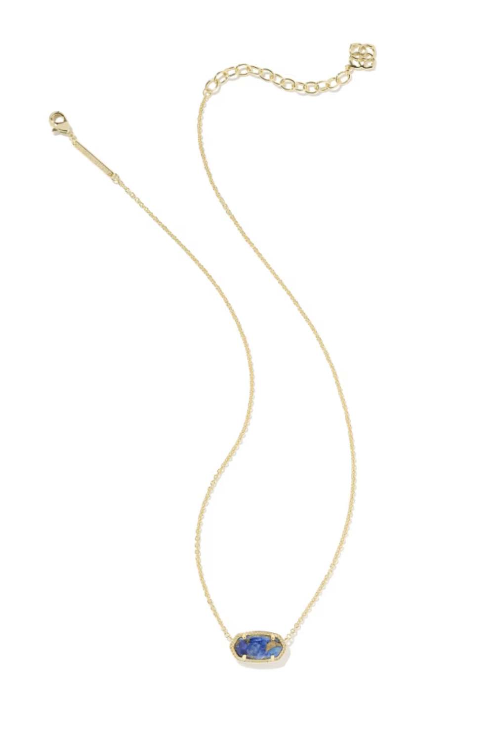 A delicate gold chain necklace featuring an oval blue stone pendant, displayed on a clean white background.