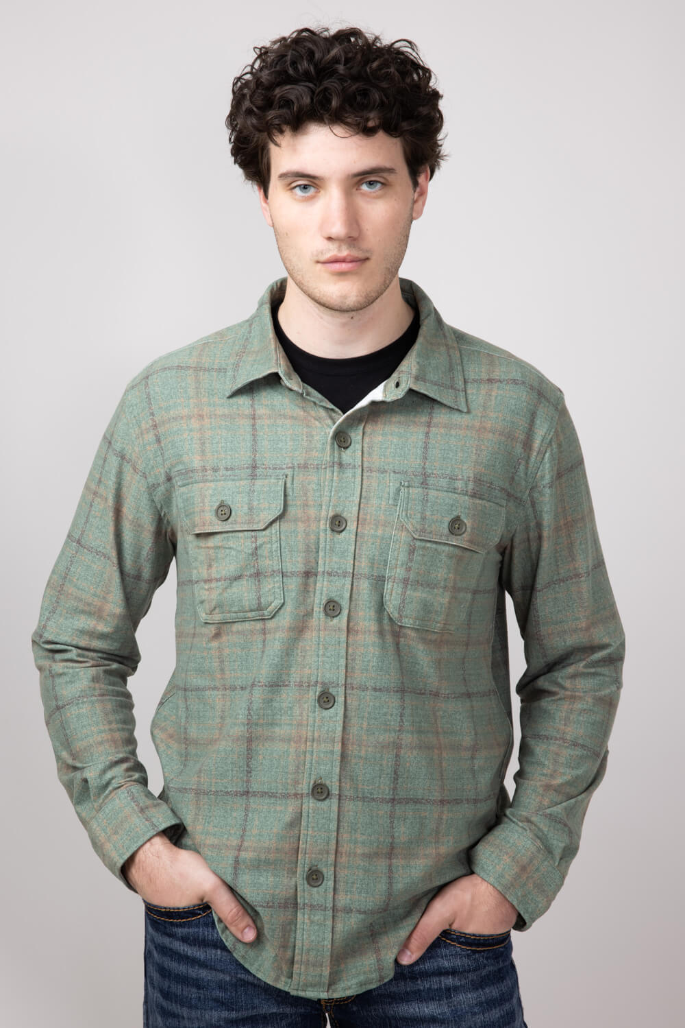 Hallstatt Knit Button Up Flannel Shirt for Men in Martini Olive