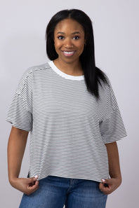 La Miel Basic Striped Drop Shoulder Top for Women in Black