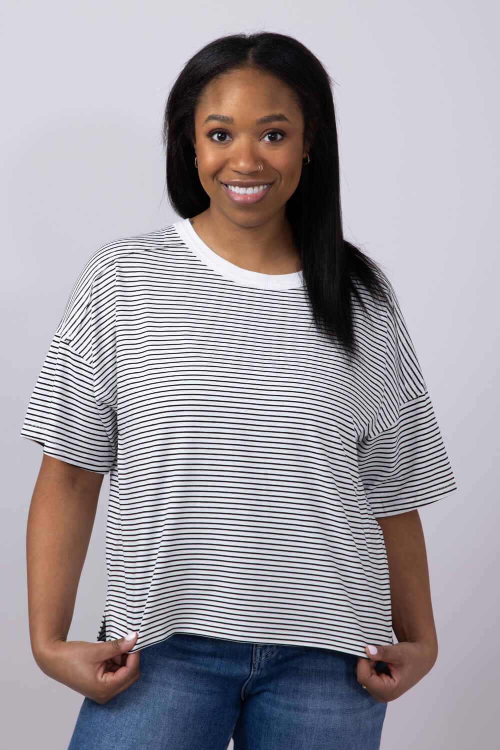 La Miel Basic Striped Drop Shoulder Top for Women in Black