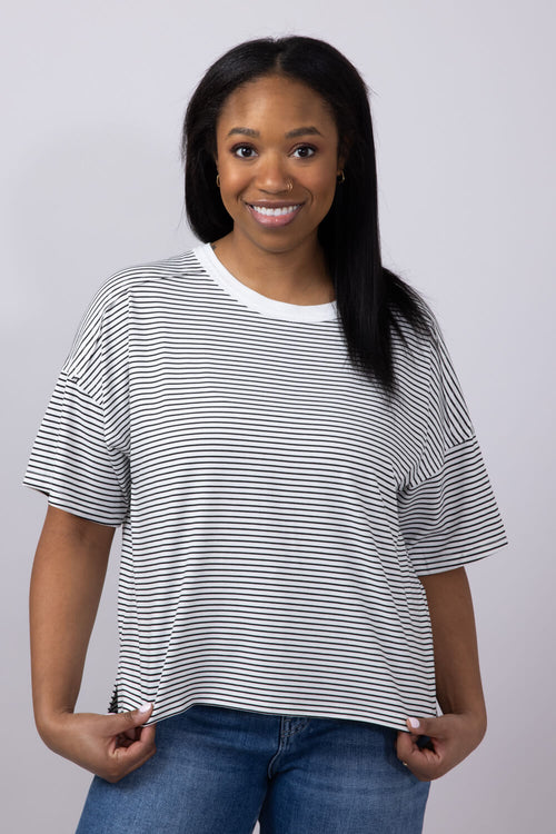 La Miel Basic Striped Drop Shoulder Top for Women in Black