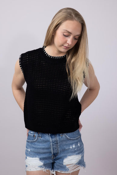 La Miel Crochet Knit Sweater Top for Women in Black