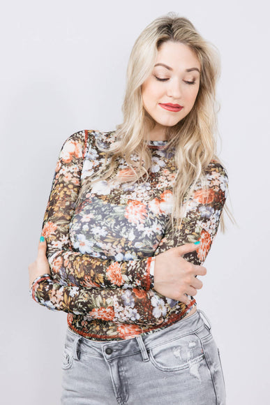 La Miel Floral Sheer Layering Top for Women in Black