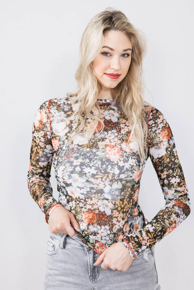 La Miel Floral Sheer Layering Top for Women in Black
