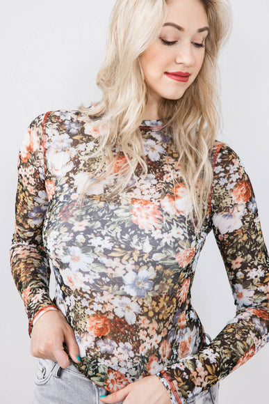 La Miel Floral Sheer Layering Top for Women in Black
