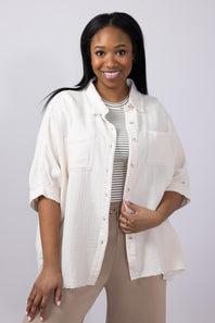 La Miel Gauze Button Down Shirt for Women in Soy Latte