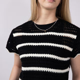 La Miel Scalloped Edge Crochet Knit Sweater Top for Women in Black/Cream 