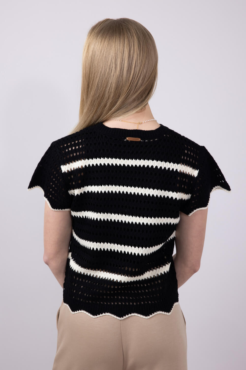 L'Appartement　Mesh Knit La Miel Scalloped Edge Striped Crochet Knit Short Sleeve